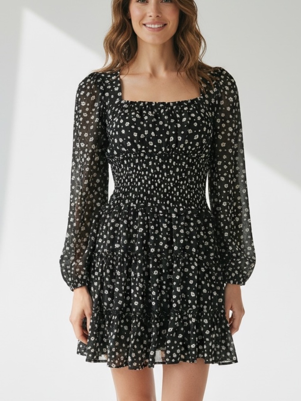 Black Floral Smocked Mini Dress Cottagecore Coquette Puff Sleeve -Trixxi